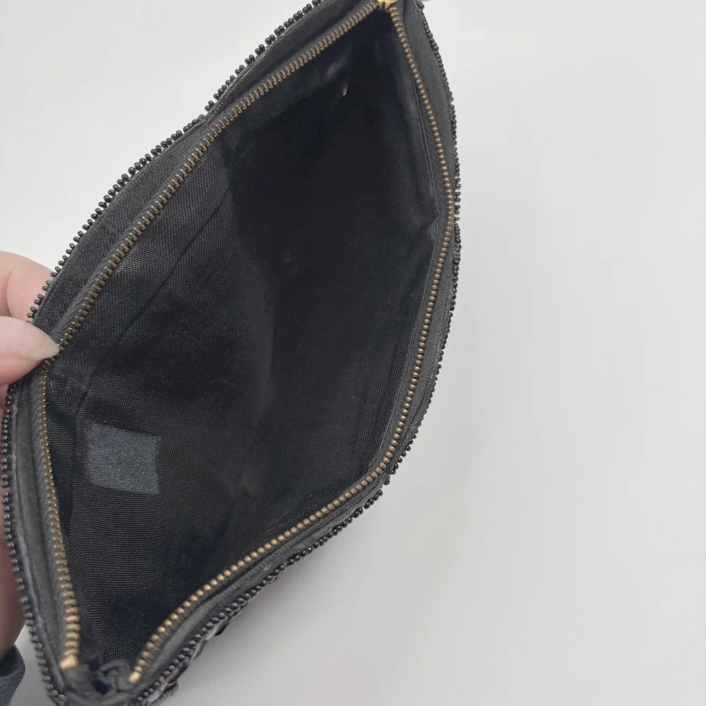 Vintage Women Cosmetic Bag Pouch Sequin Beaded Scalloped Edge Black Gatsby Glam